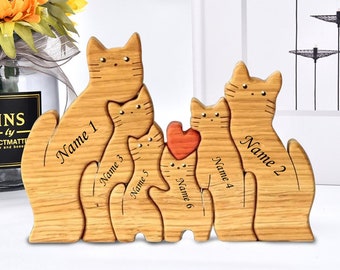 Wooden Cat Family Puzzle-5 Person Animal Figurines-Family Home Decor-Family Keepsake Gift-Gift for Parents-Animal Family, Mothers Day Gifts