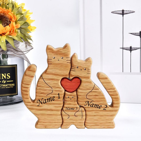 Wooden Cat Family Puzzle-5 Person Animal Figurines-Family Home Decor-Family Keepsake Gift-Gift for Parents-Animal Family, Mothers Day Gifts