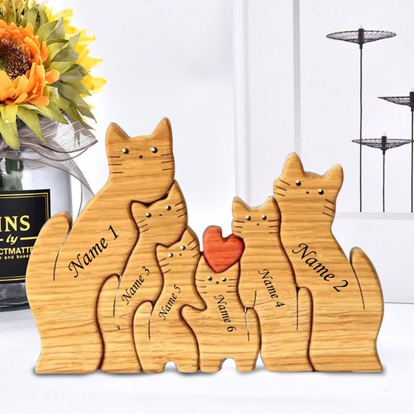 Hölzernes Katzenfamilienpuzzle – 5-Personen-Tierfiguren – Familiendekoration – Familienandenken – Geschenk für Eltern – Tierfamilie, Muttertagsgeschenke