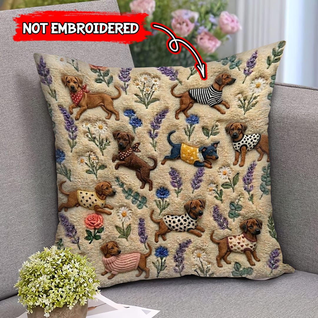 Rhodesian Ridgeback Floral Pillow (2D FLAT PRINTED), Faux Embroidery ...