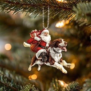 Enfeite de Springer Spaniel Inglês Plano 2D, Enfeite de Cachorro com Papai Noel, Enfeite de Papai Noel e Cachorro, Enfeite de Carro, Presente de Natal, Presentes para Amantes de Cães