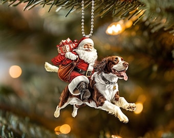 ステンドグラス☆のクリスマスのリース　犬のサンタクロース 2Dフラットイングリッシュスプリンガースパニエルオーナメント、サンタ