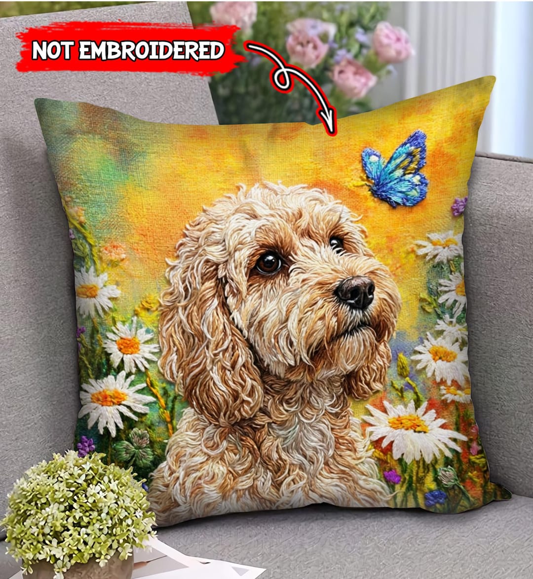 Cockapoo With Daisy Pillow (2D FLAT PRINTED), Floral Dog Cushion ...