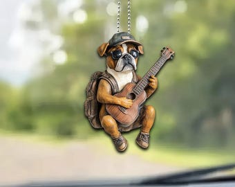 Adorno divertido de bóxer, perro bóxer tocando la guitarra, adorno colgante plano 2D de bóxer, regalos de Navidad, regalos para amantes de los bóxers, regalos para amantes de la guitarra