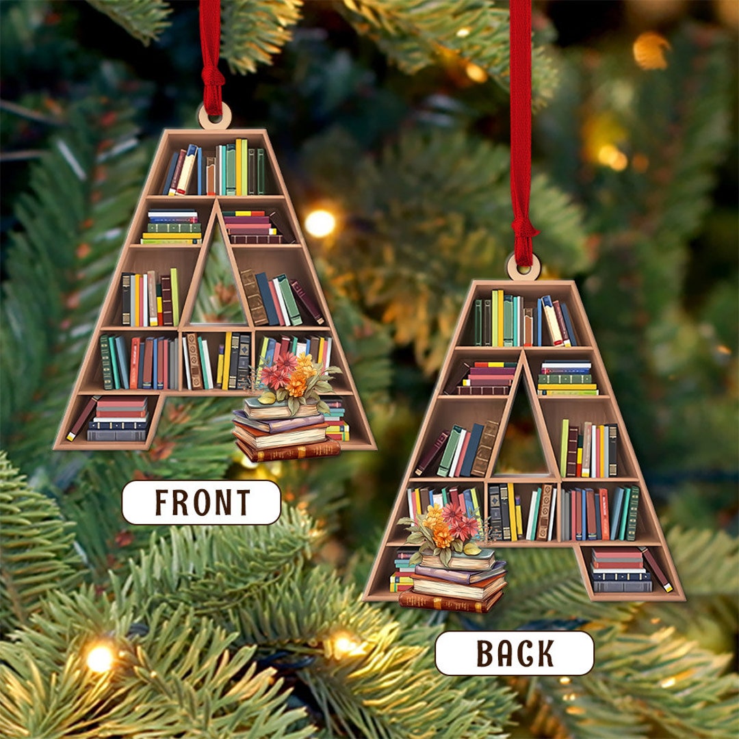 Personalized Bookshelf Ornament, Book Wood Ornament Keepsake, Custom Librarian Book Ornament