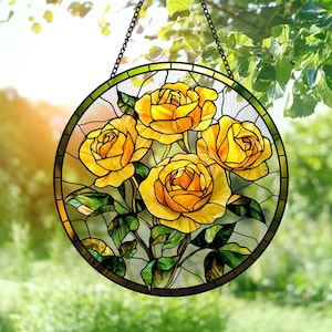 Atrapasol de vitral con ramo de rosas amarillas, decoración colgante para ventana con ramo de rosas, decoración atrapasol de rosas, regalo para amantes de las rosas, regalo de arte botánico