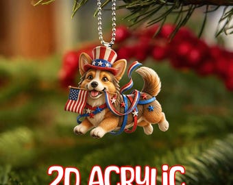 Adorno personalizado de Pembroke Welsh Corgi para el 4 de julio, perro patriótico 2D acrílico plano, decoración de cachorro con la bandera estadounidense, dije para auto del Día de la Independencia