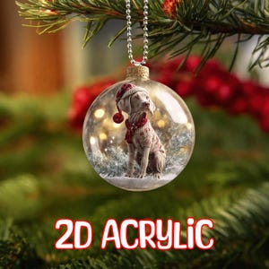 Puede incluir: Una bola de Navidad redonda y transparente con una cadena plateada. En el interior, un perro con gorro y suéter está sentado en una escena nevada. El adorno tiene las palabras "2D ACRYLIC" en rojo y blanco.