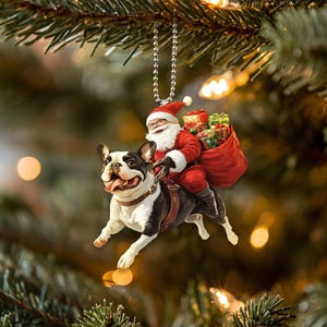 Enfeite plano 2D Boston Terrier, cachorro Boston Terrier com enfeite de Papai Noel, enfeite pendurado para cachorro Boston Terrier, presente de Natal, presente para amantes de cães