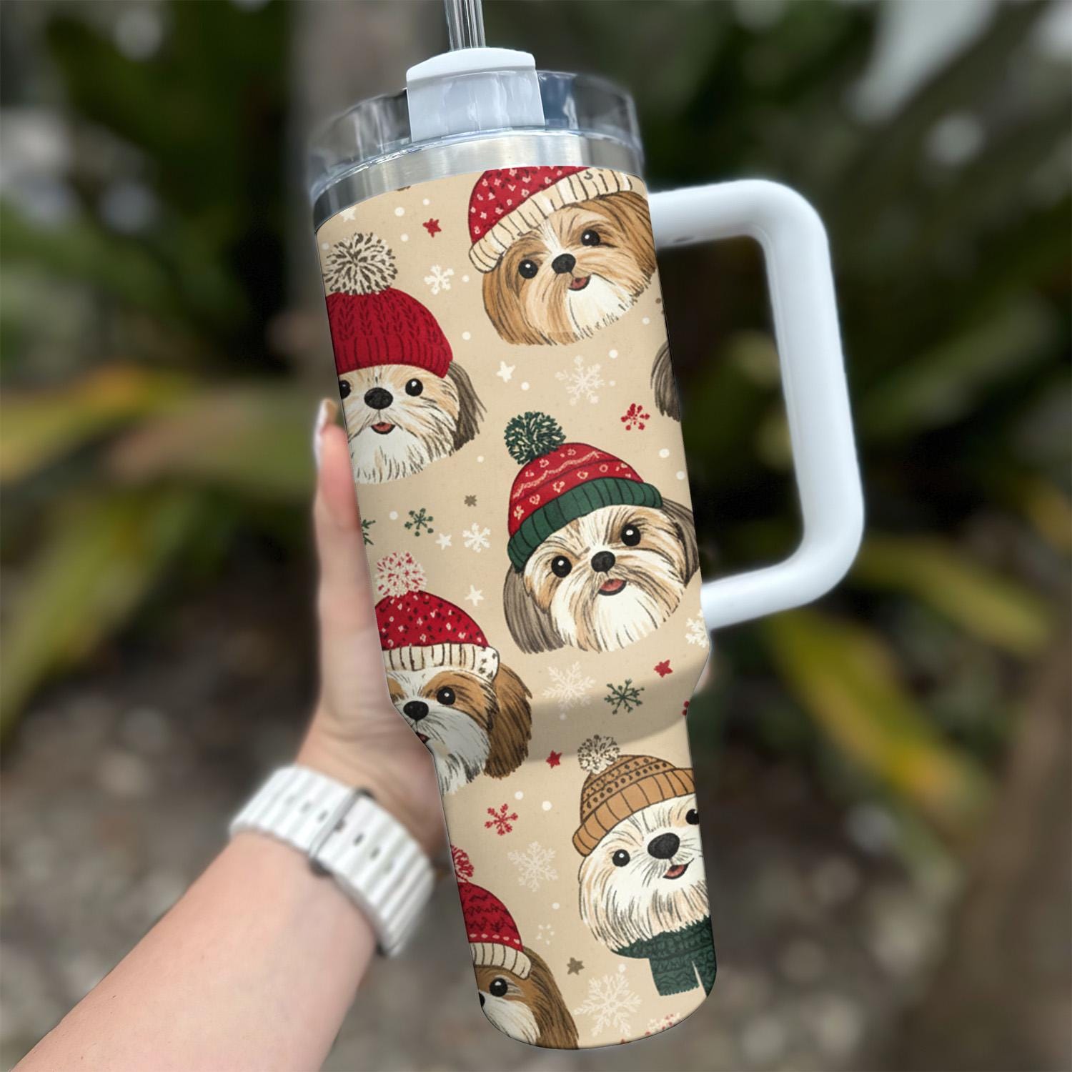 Discover 40oz Stainless Steel Tumbler with Handle - Shih Tzu Christmas Dog Design, Coffee Lover Gift