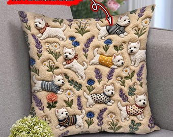 Westie Dog Pillow (2D FLAT PRINTED), Faux Embroidery Dog Cushion, 3D Effect Print Scottie Decor, Cute Dog Mom Gift, Dog Gifts
