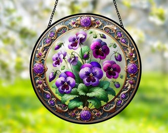 Acchiappasole in vetro con bouquet di violette, decorazione da appendere alla finestra, acchiappasole con fiori viola, regali per amanti dei fiori viola, regali per la nonna, regali per la mamma