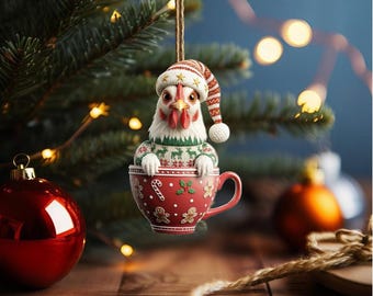 Adorno de pollo 2D, Adorno de pollo en una taza, Adorno plano de pollo 2D, Regalos navideños acogedores de pollo, Regalos para amantes de los pollos, Regalos de pollo