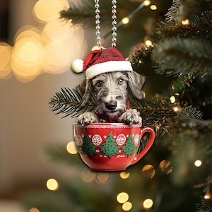Enfeite de cachorro Wolfhound irlandês, enfeite de cachorro em uma xícara, enfeite plano 2D, enfeite de cachorro, presentes de Natal, presentes para amantes de cães Wolfhound