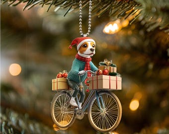 おもしろジャックラッセルテリアのオーナメント、自転車に乗る犬、犬の2Dフラットオーナメント、クリスマスプレゼント、ジャックラッセルテリア犬好きへのギフト