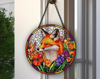 キツネのガラス製サンキャッチャー、キツネの窓飾り、キツネのホームデコレーション、キツネの装飾、キツネの壁飾り、キツネのサインアート、キツネ好きへのギフト、お母さんへのギフト
