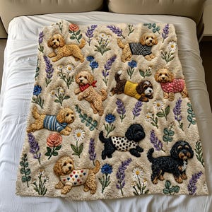 Peut inclure: Un plaid de couleur crème orné d'un motif répétitif de petits chiens portant divers pulls et tenues, entremêlé d'illustrations brodées de brins de lavande, de marguerites et de roses sur toute la surface du tissu.