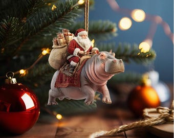 2D Santa Reitnilpferd Ornament, Nilpferd Ornament, 2D flache Nilpferd Verzierung, Nikolaus und Nilpferd Ornament, Nilpferd Weihnachtsgeschenke