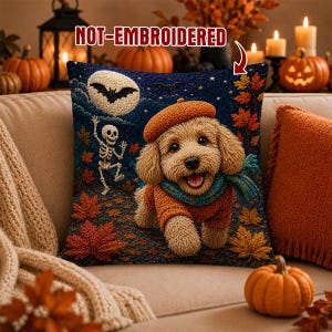 Funny Cockapoo Halloween Pillow, Cute Cockapoo Dog Throw Cushion, Spooky Skeleton Dog Lover Gift, Cozy Fall Faux Embroidery Print Decor