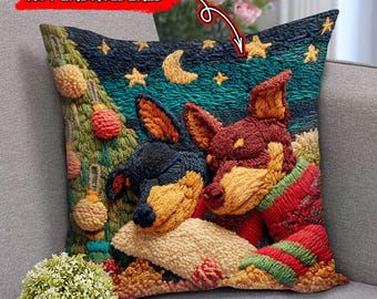 NOT Embroidered – 2D Flat Polyester Printed Trio Miniature Pinscher Pillow, Cozy Pinscher Dog Pillow, Xmas Gifts, Holiday Gifts, Dog Gifts