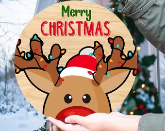 Reindeer Frohe Weihnachten Zeichen, Rentier Weihnachten Türschild, Weihnachten Willkommensschild, Frohe Weihnachten Zeichen, Weihnachtslicht-Weihnachtsdekor