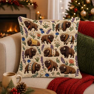 May include: A square throw pillow with a cream-colored textured background featuring a repeating pattern of brown bison, some wearing patterned blankets, interspersed with colorful wildflowers including lavender, daisies, and small orange roses.