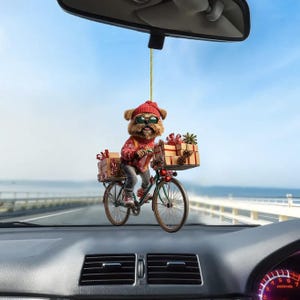 Decorazione 2D piatta e divertente raffigurante un Griffone di Bruxelles, un cane che va in bicicletta, un ornamento da appendere all'auto per cani, regali di Natale, regali per amanti dei cani