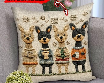 NOT Embroidered – 2D Flat Polyester Printed Quartet Miniature Pinscher Pillow, Cozy Dog Pillow, Xmas Gifts, Holiday Gifts, Dog Gifts