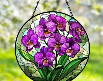 Orchid Stained Glass Suncatcher, Orchid Flower Glass Window Decor, Orchid Flower Lover Gift for Grandma, Mom Gift, Birthday Gift, Home Decor