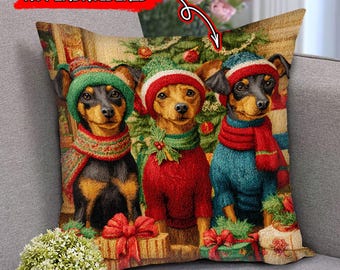NOT Embroidered – 2D Flat Polyester Printed Trio Miniature Pinscher With Gifts Pillow, Cozy Pinscher Dog Pillow, Xmas Gifts, Dog Gifts