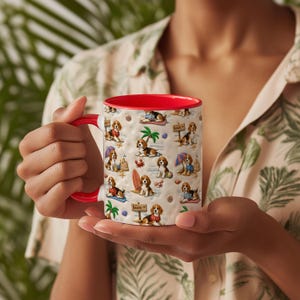 May include: A white ceramic mug with a bright red interior and handle, featuring a repeating pattern of beagle dogs in various beach-themed activities, including surfboards, palm trees, sandcastles, and signs labelled Beach, set against a textured surface.