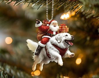 2D Flat Great Pyrenees Ornament, Dog with Santa Ornament, Santa and Dog Ornament, Car Hanging Ornament, Christmas Gift, Dog Lover Gifts