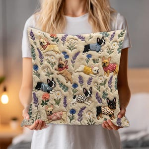 Cojín con estampado de perro bulldog francés (2D plano), cojín con bordado de imitación de perro, decoración con estampado de efecto 3D para bulldog francés, regalo adorable para mamás de perros.