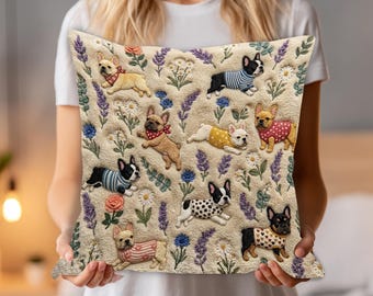 French Bulldog Dog Pillow (2D FLAT PRINTED), Faux Embroidery Dog Cushion, 3D Effect Print Frenchie Dog Decor, Cute Dog Mom Gift