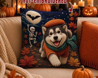 Almofada divertida de Halloween com estampa de Malamute do Alasca, almofada decorativa fofa com estampa de Malamute, presente assustador para amantes de cães esqueleto, decoração aconchegante de outono com estampa de bordado falso.