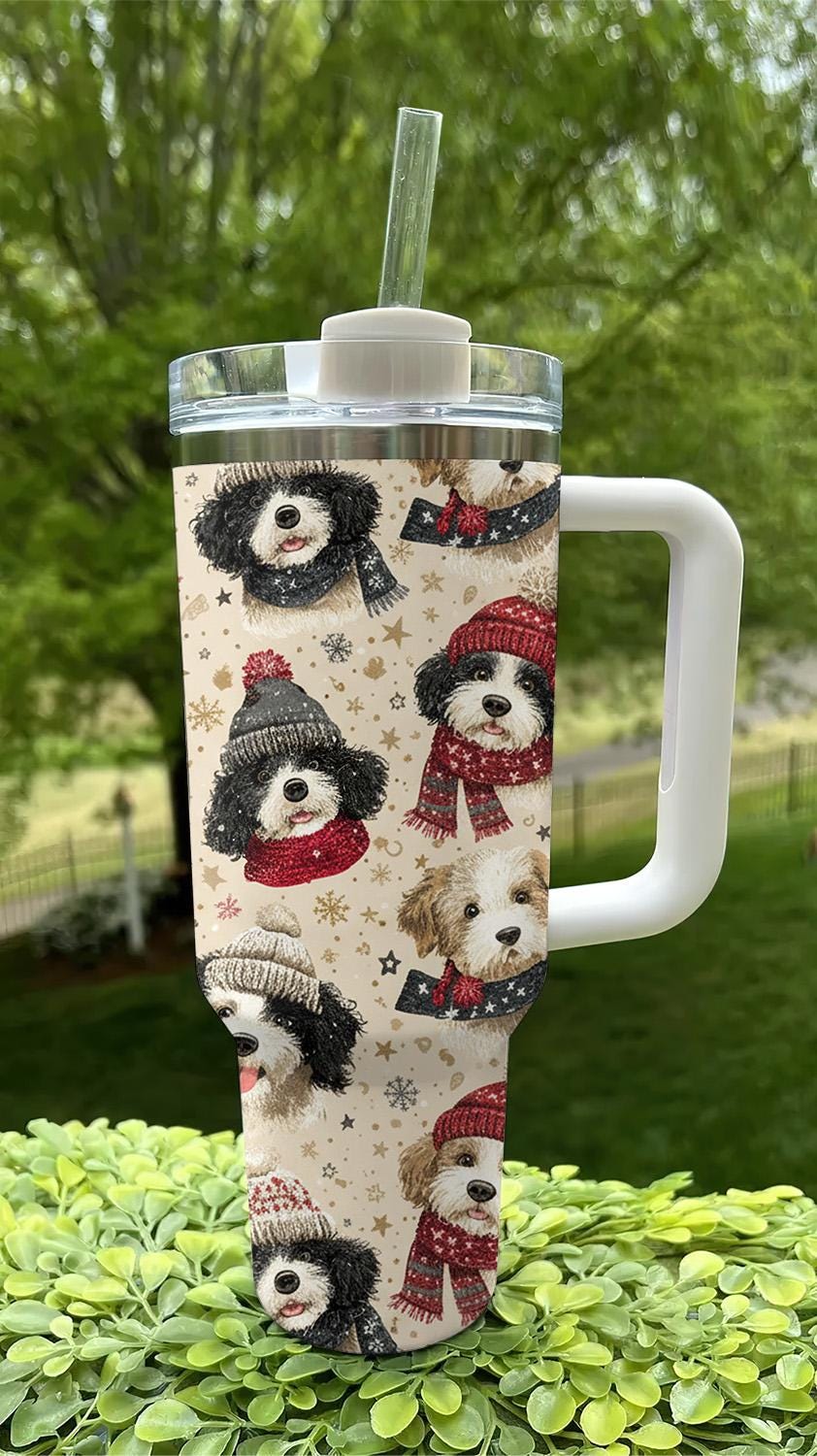 Discover 40oz Stainless Steel Tumbler with Handle - Funny Portuguese Water Dog Xmas Design, Holiday Dog Cup, Coffee and Water Dog Gift