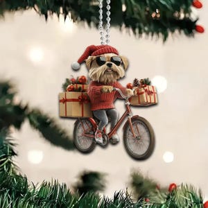 2D flache lustige Morkie Verzierung, Morkie Hund fährt Fahrrad, Morkie Hund Auto hängende Verzierung, Weihnachtsgeschenke, Morkie Hundeliebhaber Geschenke