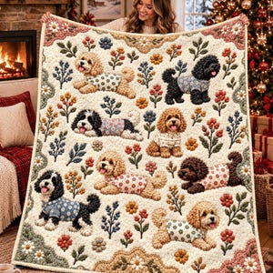 Peut inclure: Un plaid de couleur crème orné d'un motif répétitif de chiens de type doodle portant des pulls à motifs, entremêlé de motifs floraux colorés et d'une bordure festonnée décorative dans des tons de rose, de vert et de blanc.