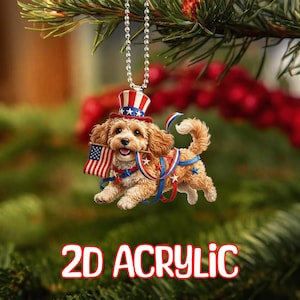 Personalized Cavapoo 4th of July Ornament, Patriotic Doodle Dog(2D ACRYLIC FLAT), American Flag Puppy Decor, Independence Day Car Charm Gift