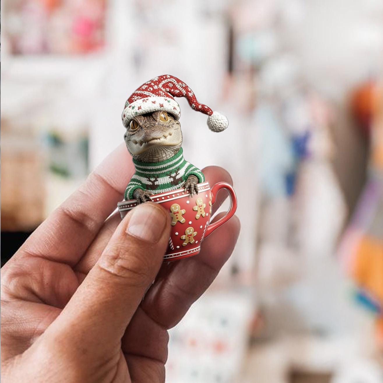 2Dワニのオーナメント、カップに入ったワニのクリスマスオーナメント