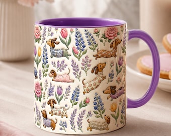 Kaffeetasse mit Lupinen-Tulpen-Dackelmotiv, Tasse mit 3D-Prägeeffekt, Dackel im Blumenpullover, Geschenkidee für Dackel-Mütter mit botanischer Rosen-Optik
