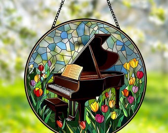 グランドピアノのステンドグラスサンキャッチャー、クラシック音楽の窓