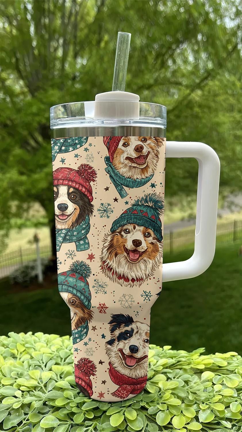 Discover Australian Shepherd Christmas 40oz Stainless Steel Tumbler with Handle, Dog Lover Gift, Holiday Coffee Cup
