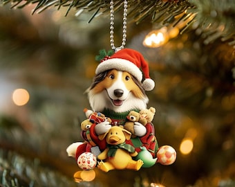 2D plat ruw collie-ornament, ruw collie-hondornament, hondenauto hangend ornament, kerstcadeaus, geschenken hondenliefhebber