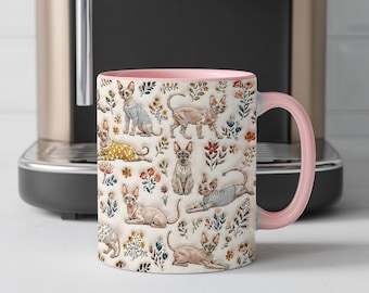 Cozy Sphynx Sweater Mug, 2D Flat Printed Ceramic Drinkware, Cute Sphynx Cat Lover Gift, Vintage Hairless Kitty Tea Cup, Office Desk Decor
