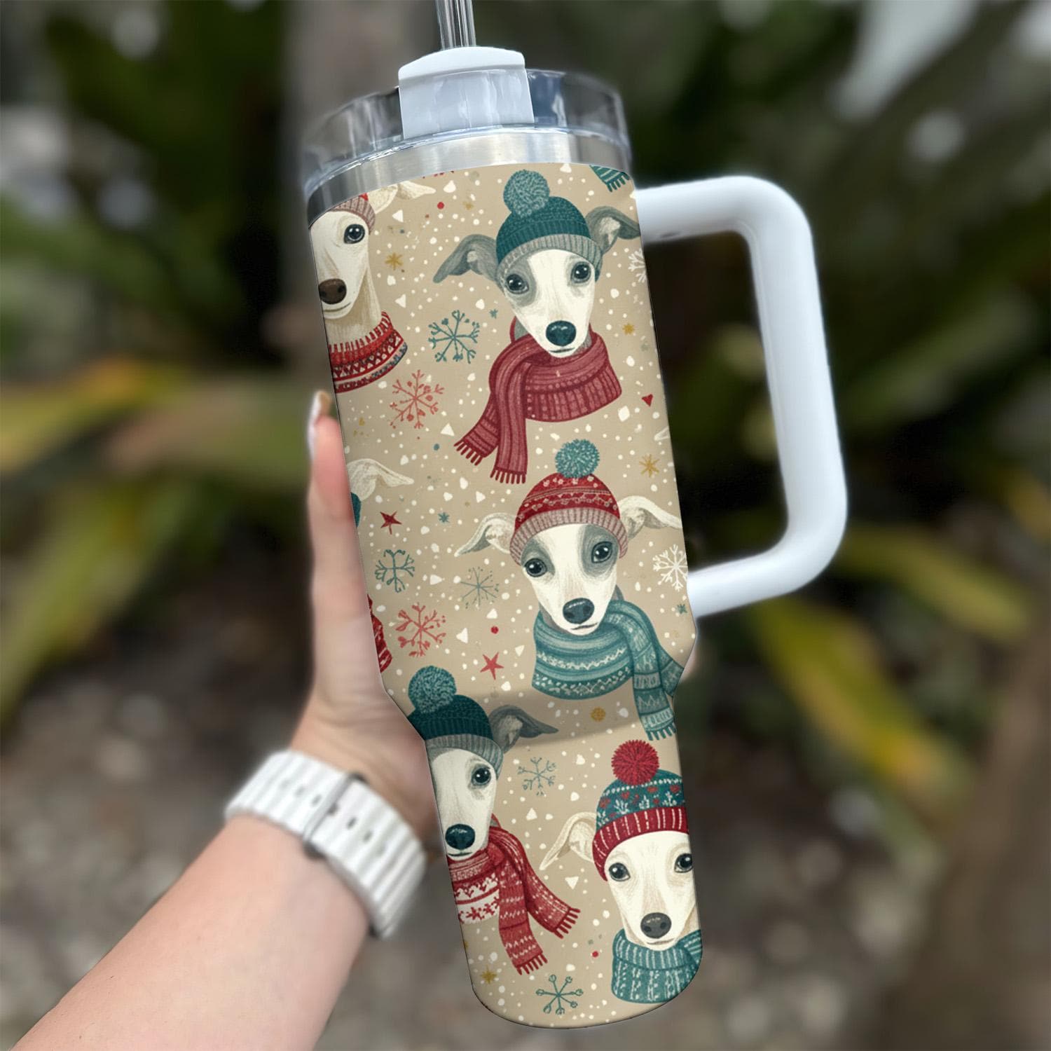 Discover 40oz Stainless Steel Tumbler with Handle - Christmas Dog Gift, Coffee Lover Gift, Whippet Dog Tumbler