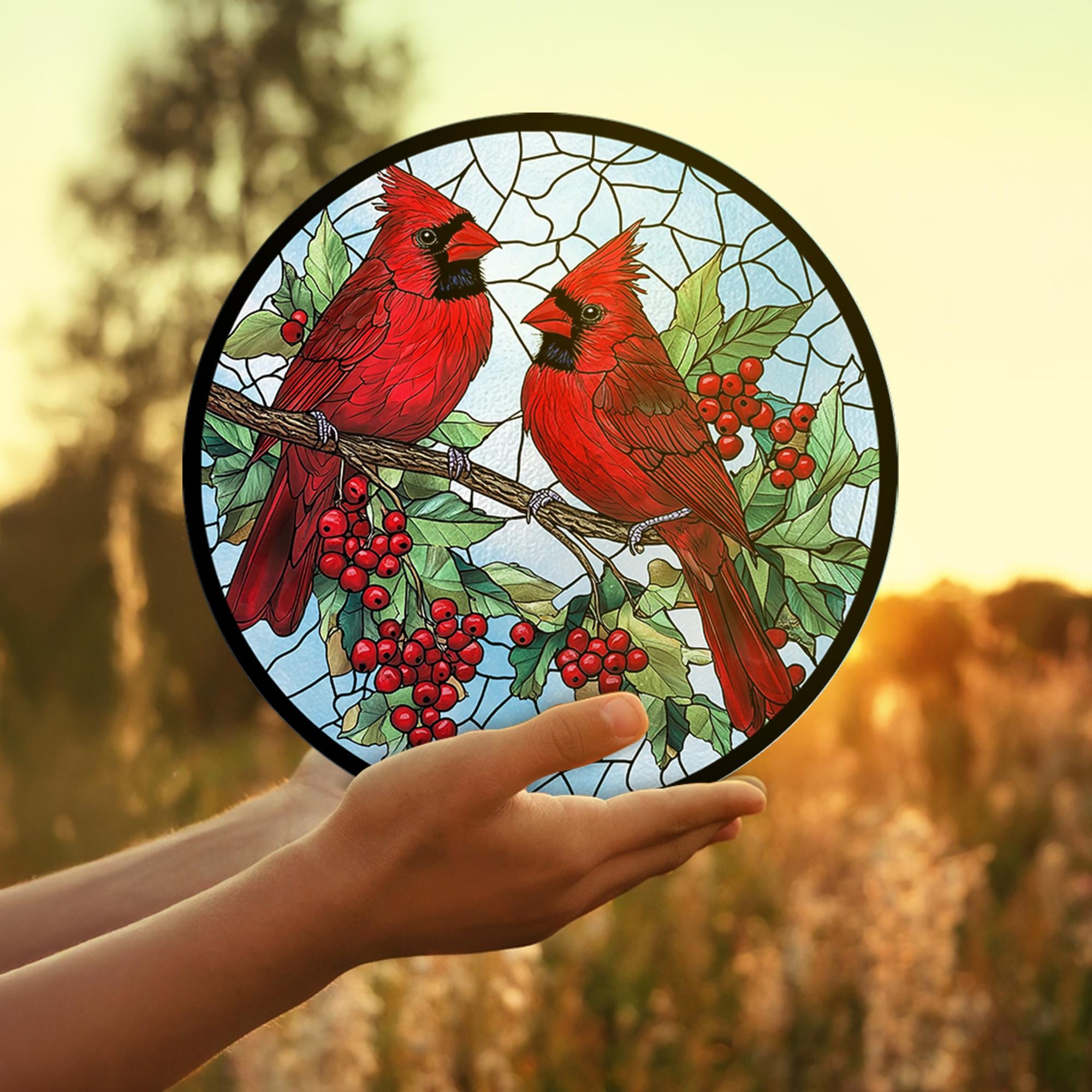 Attrape-soleil Cardinal Rouge En Vitrail : Décoration De Fenêtre De