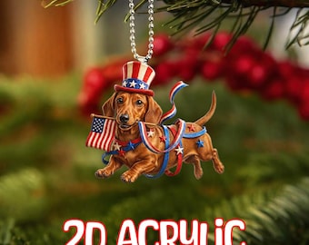 Adorno personalizado de perro salchicha para el 4 de julio, perro salchicha patriótico (acrílico plano 2D), decoración de perro salchicha con la bandera estadounidense, adorno para el coche del Día de la Independencia.
