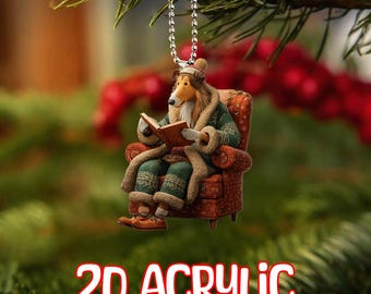2D plat ruige collie zit op de bank ornament, ruige collie hond ornament, ruige collie hond 2D plat ornament, ruige collie hond geschenken