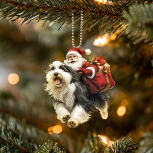 Flache lustige bärtige Collie-Verzierung, Weihnachtsmann und Hundeverzierung, netter Hundeauto-hängende Verzierung, Weihnachtsgeschenke, Hundeliebhaber Geschenk